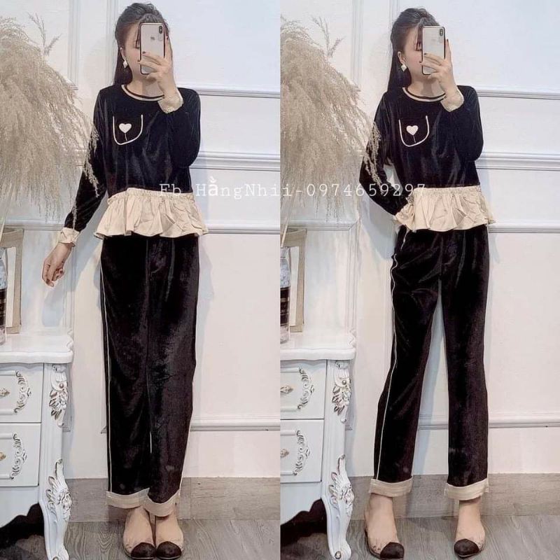 Bộ viền nâu cổ tròn áo baby dài tay - Sét bộ nhung pha viền túi ngực bánh bèo xinh xắn