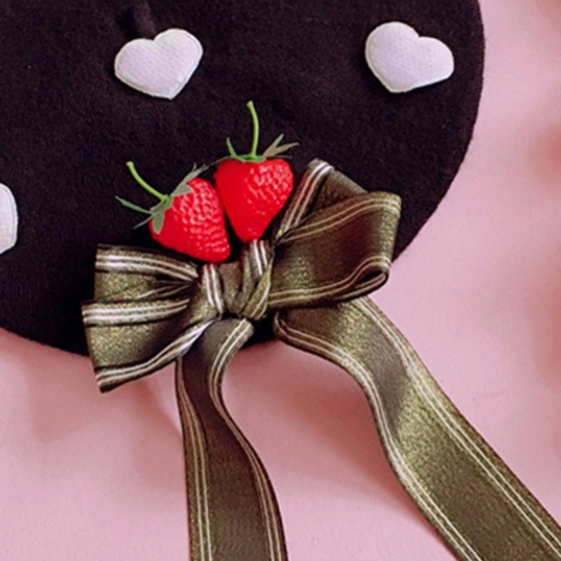 Mũ Beret Họa Tiết Dâu Tây Thắt Nơ Xinh Xắn Thời Trang