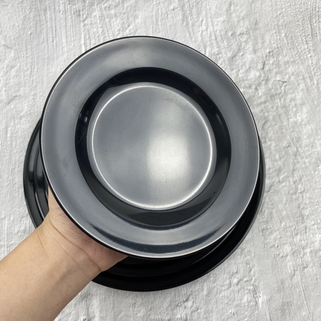 Dĩa nhựa Melamine tròn đen cạn trơn dành cho gia đình, nhà hàng, quán ăn