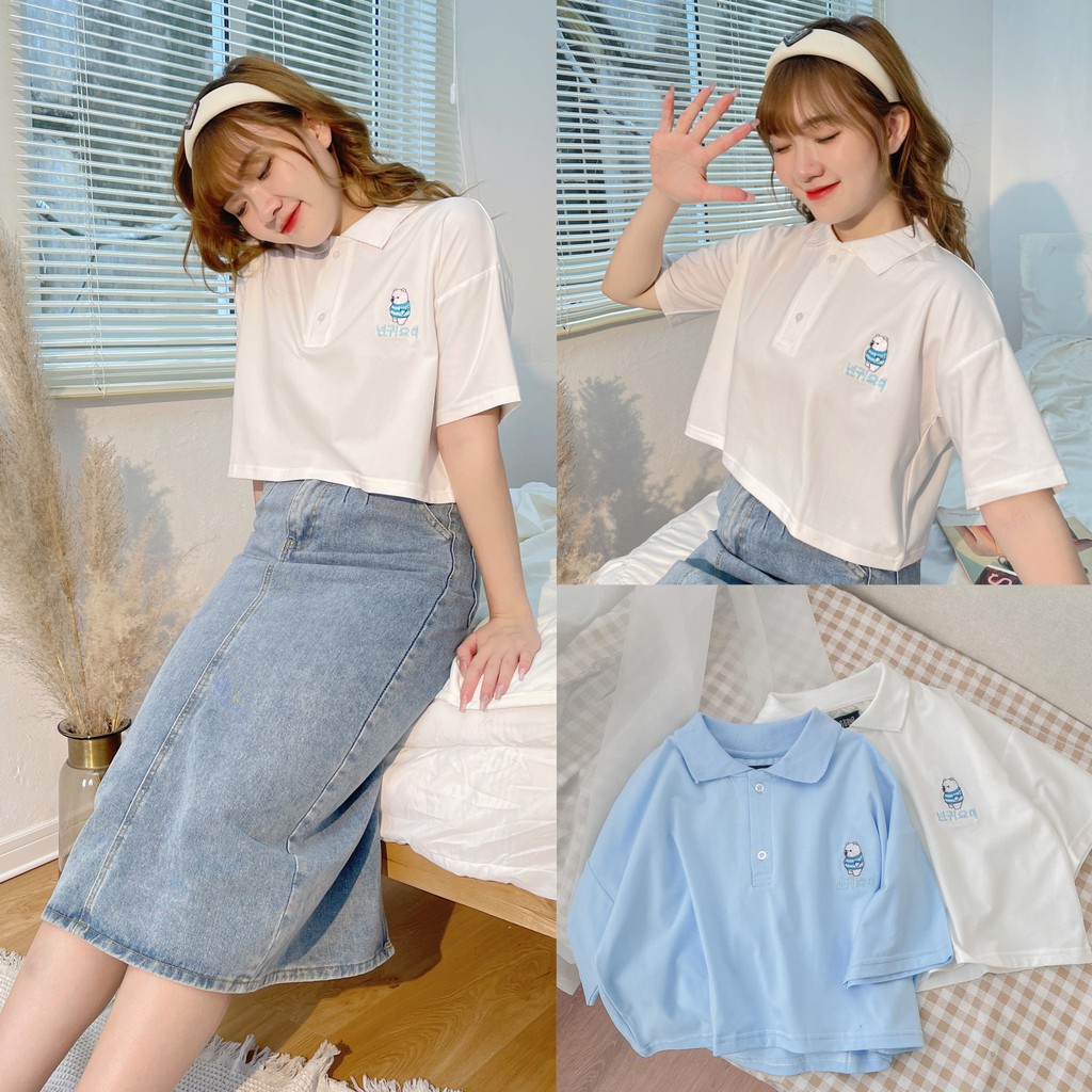 Áo thun croptop polo hình gấu nhiều màu form rộng basic ulzzang - Made by Fiin