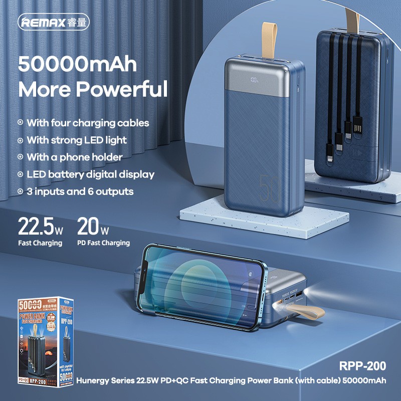 Pin Sạc Dự Phòng Remax RPP-200 50.000mAh QC22.5W PD20W, 3 Inputs 6 Outputs. RPP-199 30.000mAh sạc cực nhanh