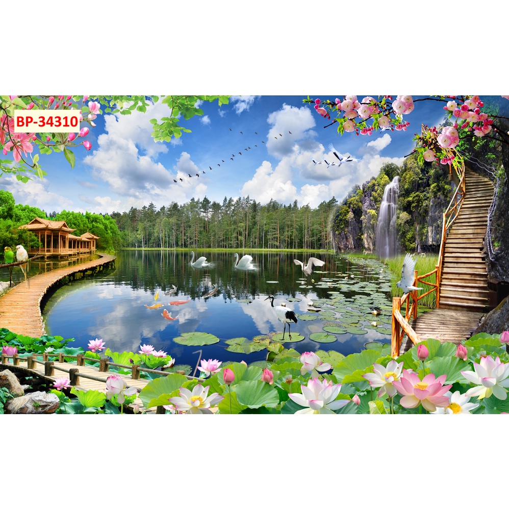 Tranh dán tường 3D cảnh rừng cây, phong cảnh hữu tình, nên thơ