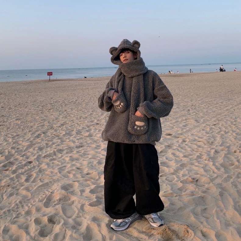 (Sẵn xám) Áo sweater nỉ bông kèm mũ lông tai gấu thỏ khăn siêu dày ấm áp đáng yêu đại hàn unisex nam nữ
