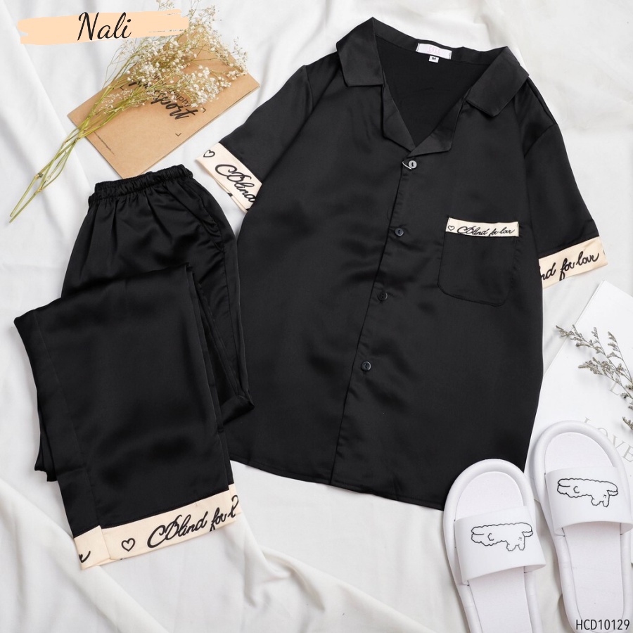 Bộ đồ ngủ pyjama cộc tay quần dài viền chữ, bộ pijama chất liệu phi lụa thấm hút mồ hôi NL142