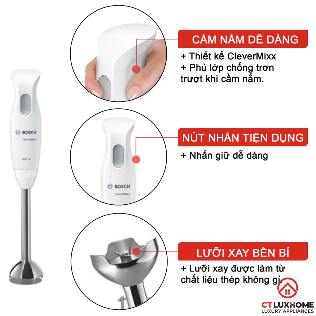 Máy xay thực phẩm cầm tay Bosch MSM26130 600W, 220V, 50/60Hz, Kèm chân cắt mỏng SlimFoot