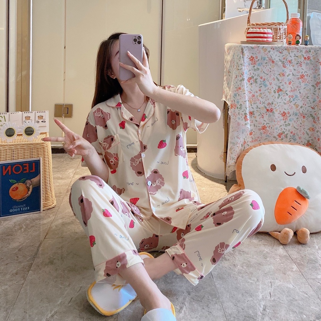 Đồ bộ pijama mặc nhà họa tiết dễ thương tay Cộc quần Dài đồ ngủ nữ