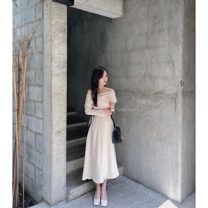 Đầm  be dài trễ vai nhúng hông chống nhăn tôn dáng LORA DRESS-BEST SELLER | BigBuy360 - bigbuy360.vn
