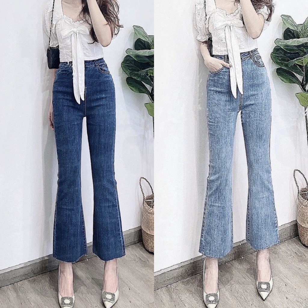 Quần jean nữ ống loe trơn lai cắt co giãn, quần bò loe 9 tấc co giãn lưng siêu cao