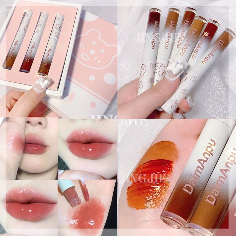 Son môi Daimanpu thiết kế hình ba chú gấu nhỏ tráng gương