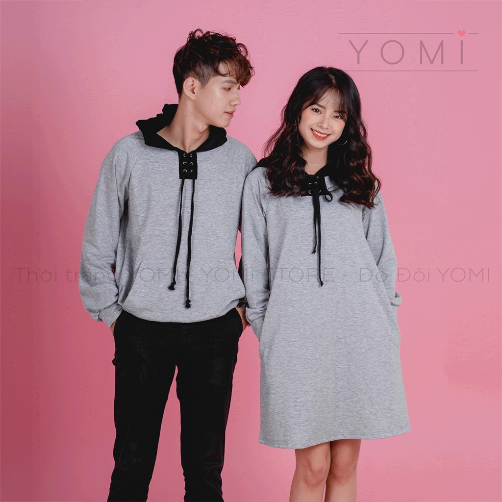 Váy áo đôi thu đông, váy áo hoodie xám, đồ đôi thiết kế cho các cặp đôi phong cách Hàn Quốc