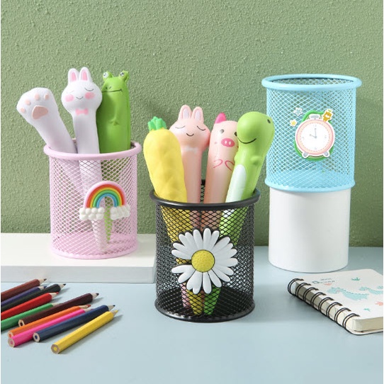 Ống cắm bút, hủ đựng bút, đồ đựng bút bằng sắt kim loại lưới nhiều màu dễ thương hình tròn