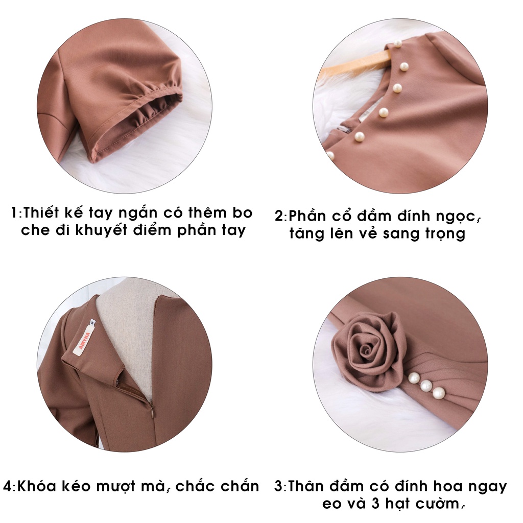 Đầm Suông Công Sở Dự Tiệc Sang Trọng Bigsize AMYRA, Thiết Kế Suông Dài Tay Phồng Phối Hoa Eo Đính Ngọc Cao Cấp DA125