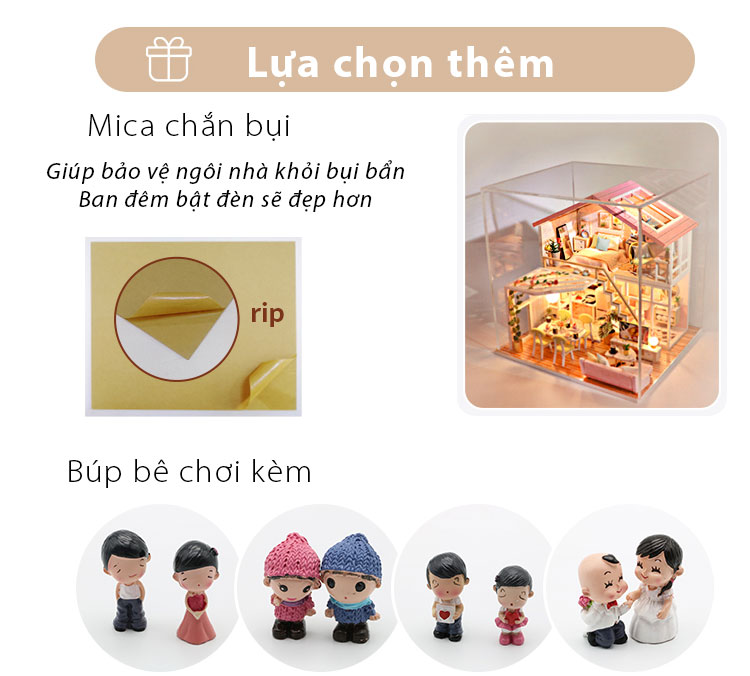 Nhà búp bê lắp ghép bằng gỗ Mẫu Sweet Time có đèn Led, tặng kèm cót nhạc, dụng cụ lắp ghép và keo silicon DochoitreemHCM