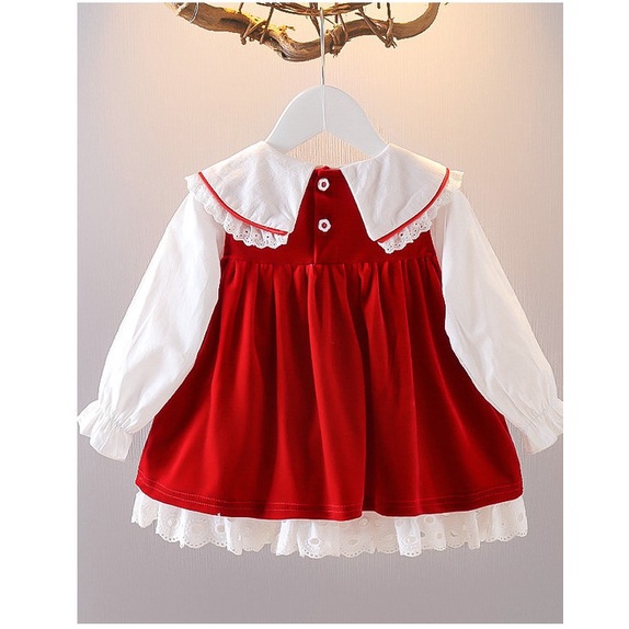 Váy thu đông bé gáic chất nhung màu đỏ đính túi trái tim siêu xinh tặng kèm váy sơ mi mặc bên trong size 1-3 tuổi [SV2]