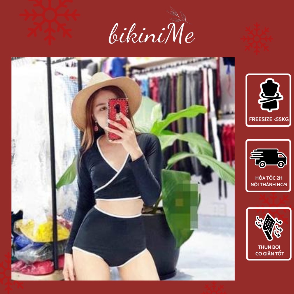 Bikini, Đồ Bơi Đi Biển Hai Mảnh Áo Chéo Tay Dài Cạp Cao Nâu Trầm R47