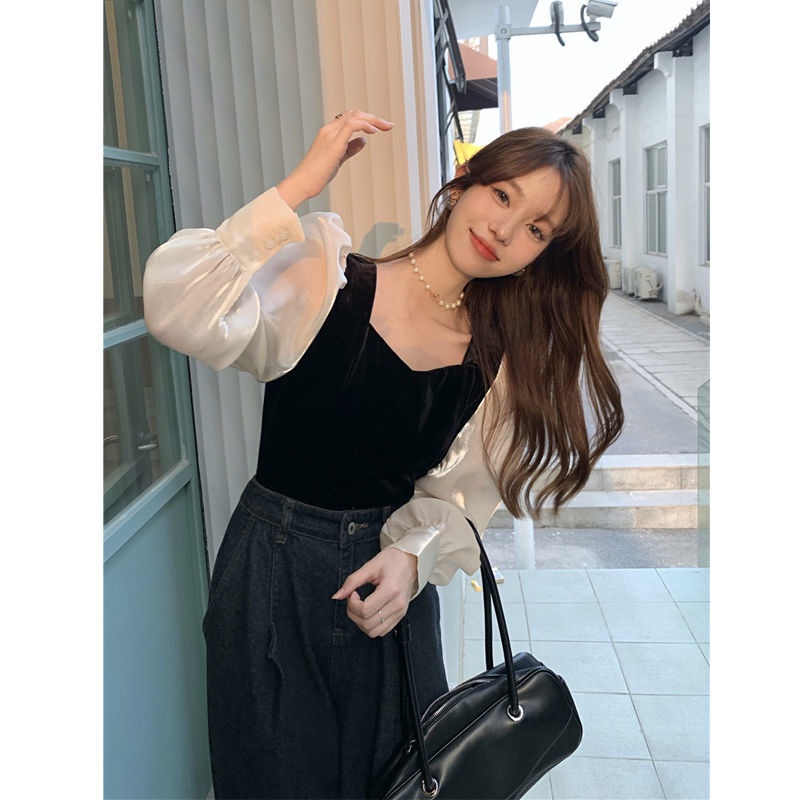 Áo Sơ Mi Tay Phồng Chất Liệu Nhung Thời Trang 2022 Phong Cách Vintage Cho Nữ