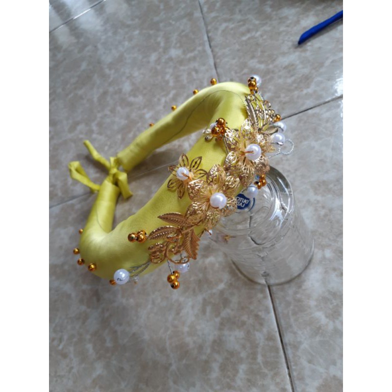 Mấn  đơn đính hoa kim loại mạ vàng, mấn đội đầu thủ công, mấn đội đầu cách tân, mấn áo dài