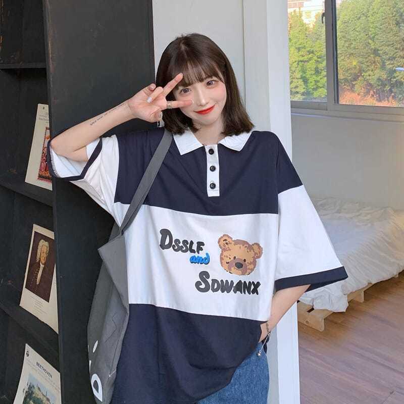 Áo Thun Polo Dáng Rộng In Hình Gấu Kiểu Nhật Bản Thời Trang Mùa Hè Cho Nữ