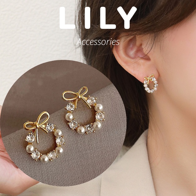 Bông Tai Nữ Gắn Nơ Mặt Đá Nhân Tạo Lấp Lánh Thanh Lịch LILY V1.3