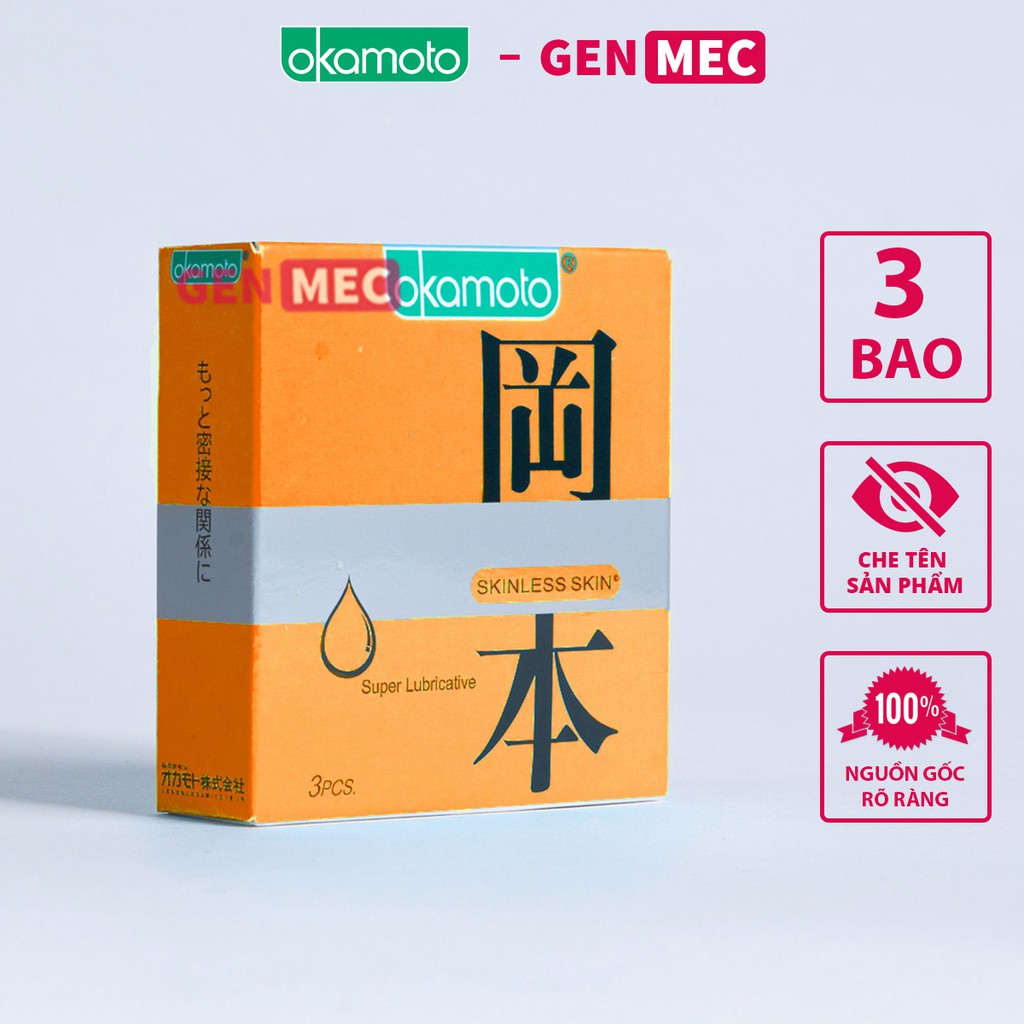 Bao cao su siêu mỏng Okamoto orange super lubricative skinless - Nhiều geL bôi trơn - bcs Okamoto Hộp 03 bao - Genmec