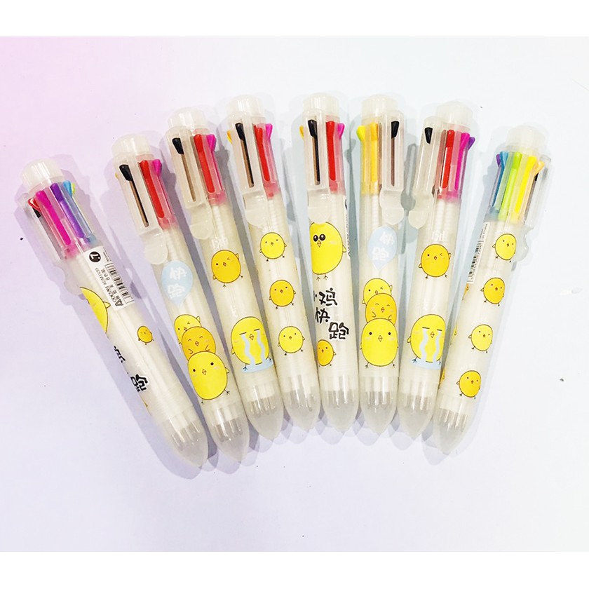 Bút bấm 6 màu vịt vàng BNM20 bút cute dễ thương bút bấm nhiều màu