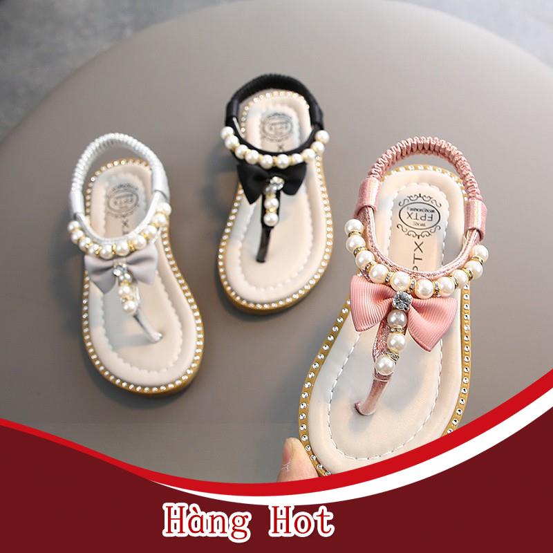 Giày sandal xỏ ngón đính ngọc trai phối nơ phong cách Hàn Quốc cho bé gái
