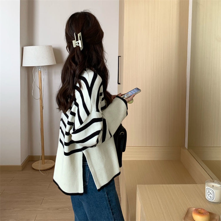 Jiashucheng Áo Sweater Tay Dài Kẻ Sọc Dáng Rộng Xẻ Tà Bên Hông Thời Trang Cho Nữ
