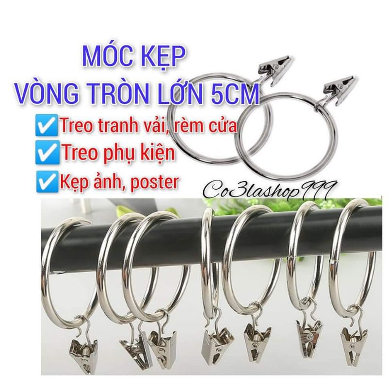 Set 5 móc kẹp màu bạc treo tranh vải rèm cửa, phụ kiện, vòng tròn lớn 5cm