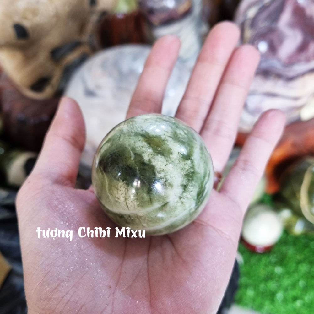 Bi cầu đá Serpentine 4.5cm -> 5.0cm kèm đế gỗ size nhí để bàn