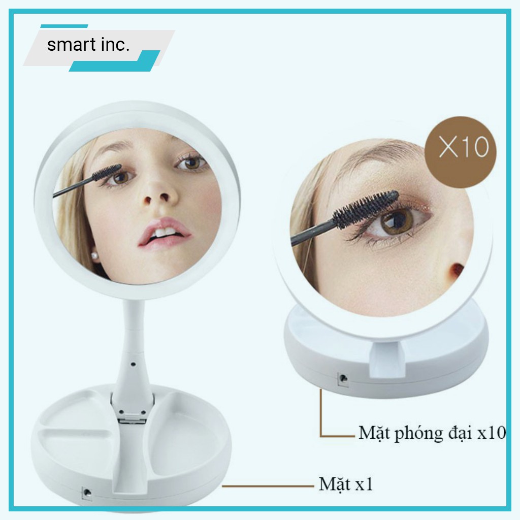 Gương Makeup Trang Điểm Để Bàn 🏆HOT🏆 Gấp Gọn Xoay 270 Độ Có Đèn Led Sử Dụng 4 Pin Aa 17x17x6cm