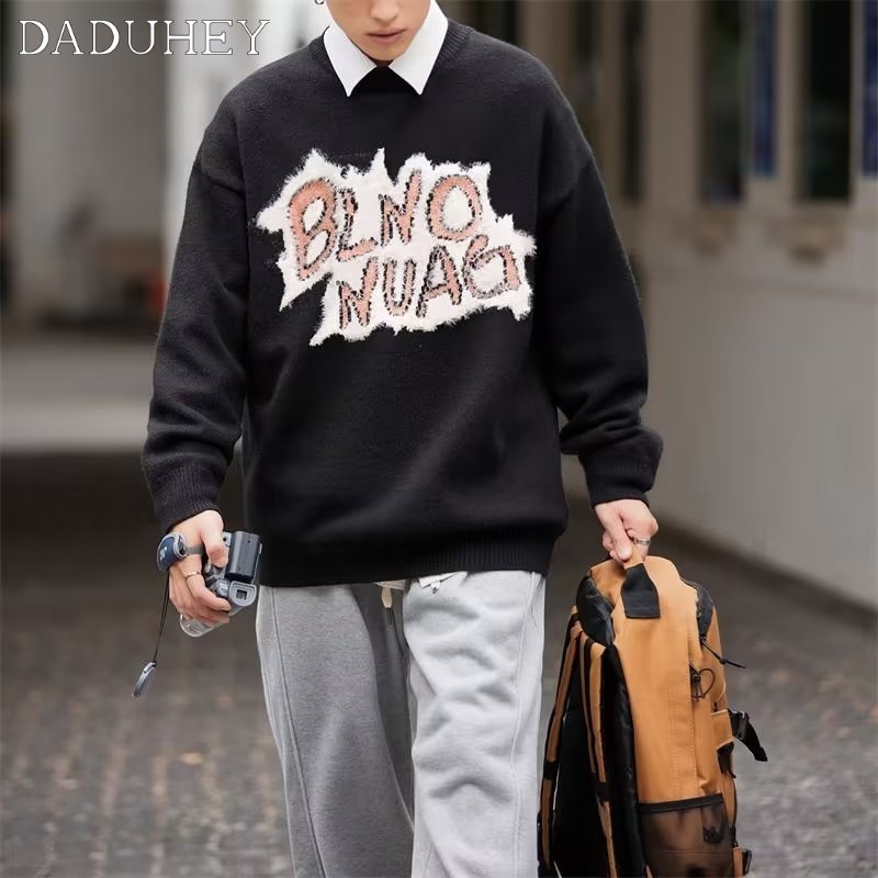DaDuHey Men's Vintage Retro Alphabet Printed Long-Sleeved Top Hong Kong Style Fashion Brand Loose Oversize Sweater