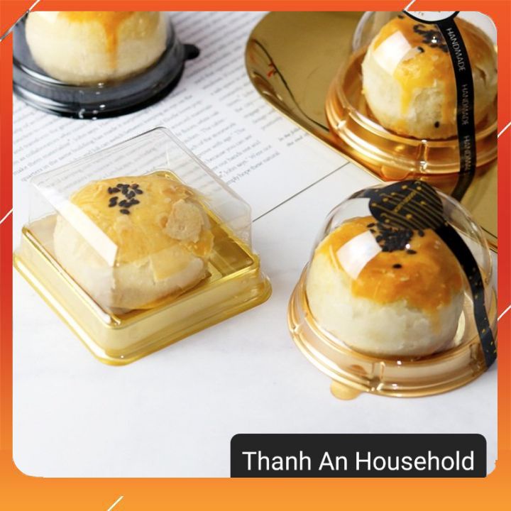 50 Bộ Hộp Đựng Bánh Trung Thu 60g 75g 80g cao cấp, trong suốt - Hộp PET nắp cầu nắp vuông đế vàng tiện dụng