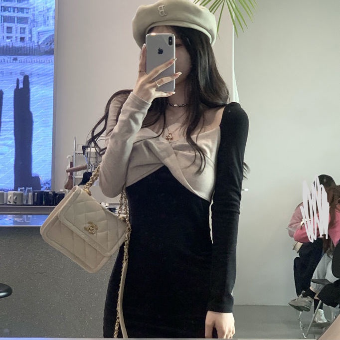 COZOK Đầm Dài Tay Hở Vai Màu Sắc Tương Phản Thời Trang