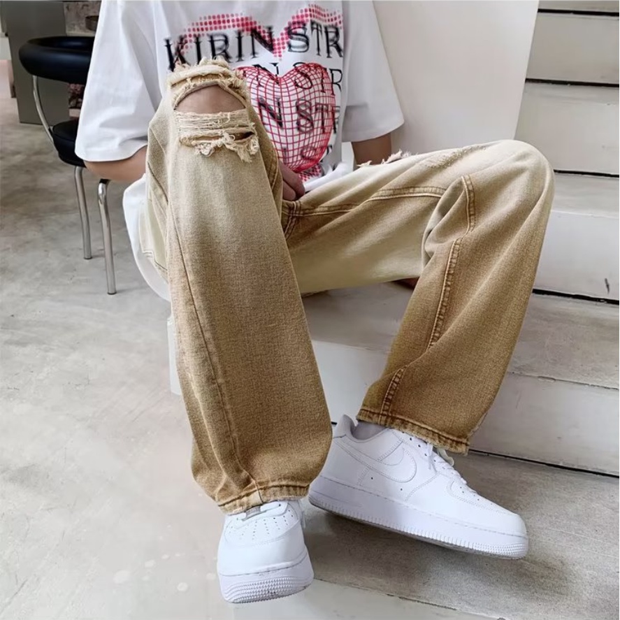 Quần Jeans Dài Rách Gối quần ống suông Thời Trang quần bò nam Dành phong cách Hàn Quốc quần jean nam retro quần bò nam rách gối