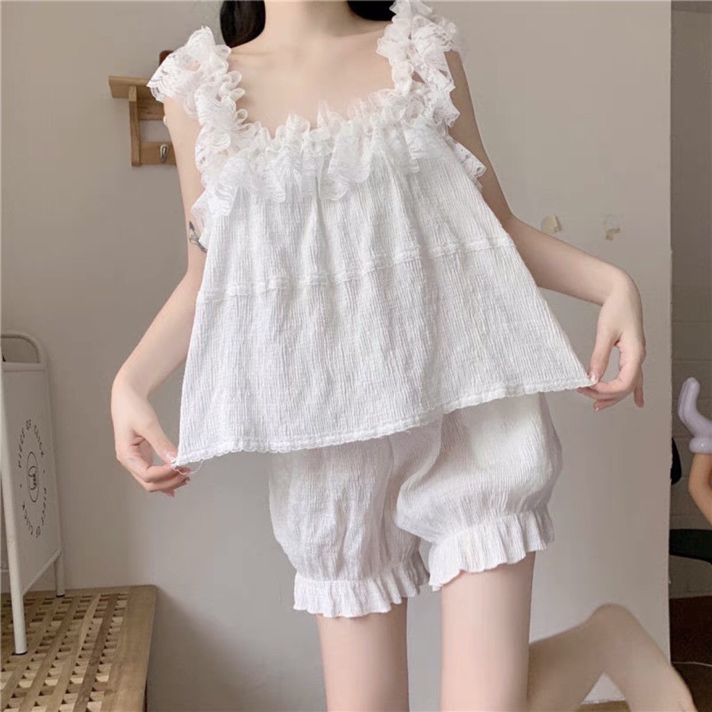 BỘ NGỦ 2 DÂY REN TRẮNG MIX QUẦN ĐÙI ĐUÔI BÈO - SET ÁO 2S QUẦN ĐŨI ULZZANG