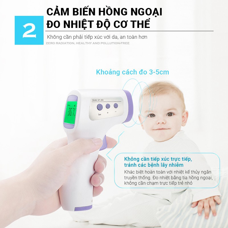 Nhiệt kế hồng ngoại điện tử GP-300 Máy đo nhiệt chính xác, đo nhiệt độ nhanh chóng trong không cần chạm, ghi nhớ 32 lần