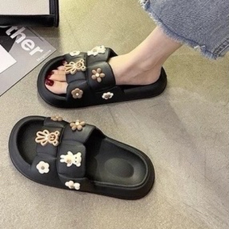 Dép bánh mỳ kèm sticker gấu siêu xinh - dép nữ bản cao cấp