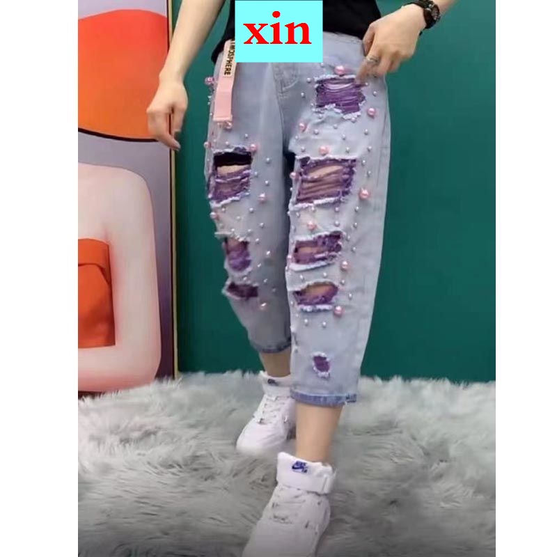 Quần Jean Dáng Ôm Đính Hạt Ngọc Trai Phong Cách Thời Trang Mùa Hè 2022 Cho Nữ