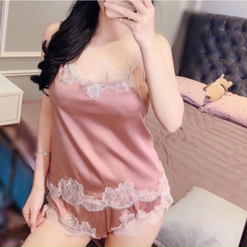 Bộ ngủ lụa hai dây sexy quyến rũ viền phối ren mát lạnh quảng châu cao cấp hàng sẵn M626
