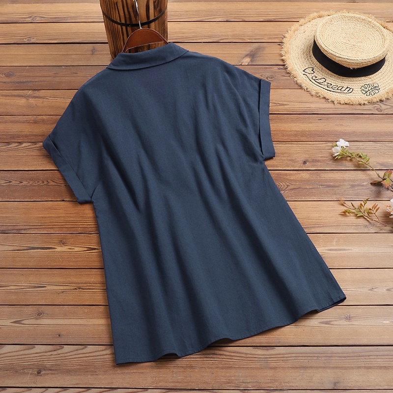 Áo ZANZEA tay ngắn cổ bẻ form rộng chất liệu cotton trẻ trung cho nữ