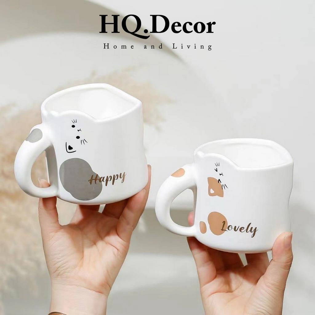 Cốc sứ ly sứ hình mèo cao cấp đáng yêu màu trắng có quai kèm thìa chịu nhiệt tốt - HQ.DECOR - HQ03