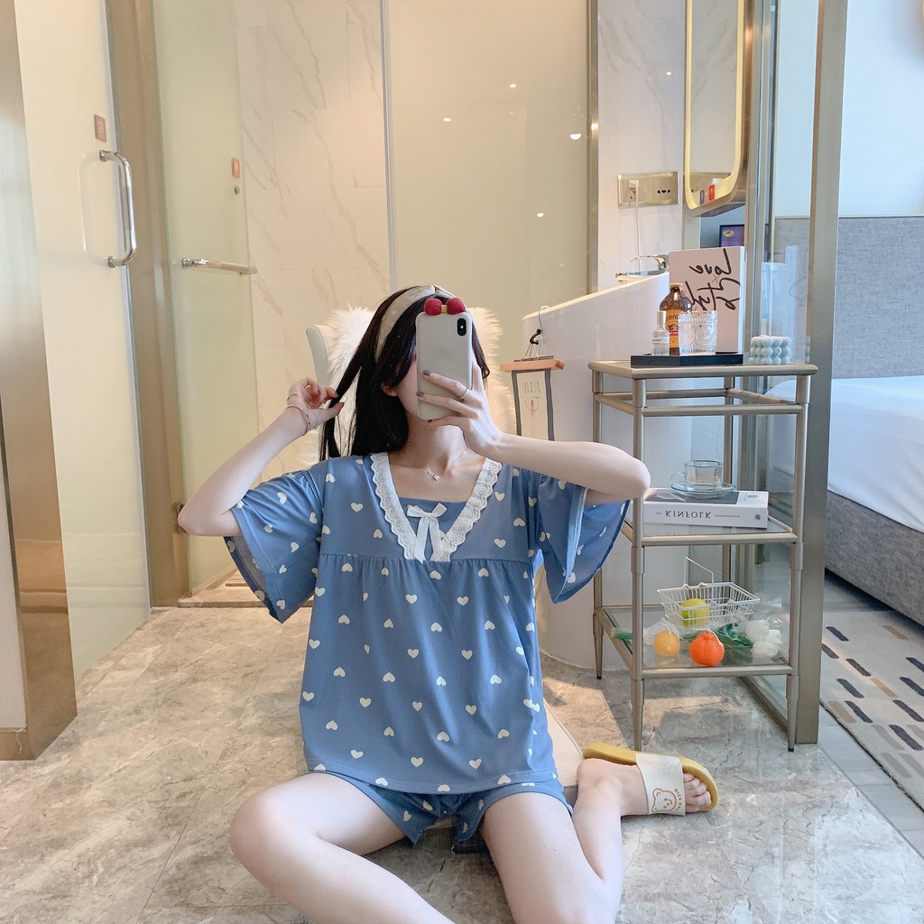 Bộ pijama phối nơ mặc nhà cực xinh, Đồ bộ dễ thương, Bộ xanh trái tim