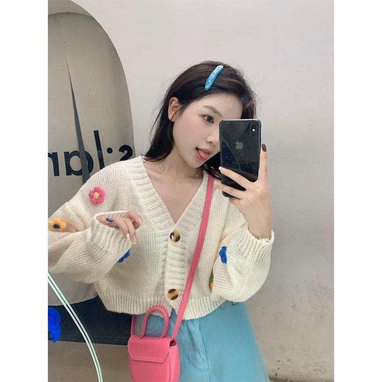 Áo Sweater Dài Tay Họa Tiết Hoa Ngọt Ngào Thời Trang 206345 Áo Khoác Dệt Kim Dáng Ngắn Phong Cách Hàn Quốc
