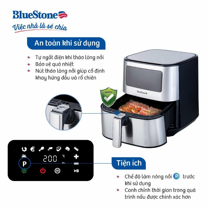 Nồi chiên không dầu điện tử BlueStone AFB-5878 - 5.5 Lít, Công nghệ làm nóng Rapid Air, Bảo hành chính hãng 2 năm