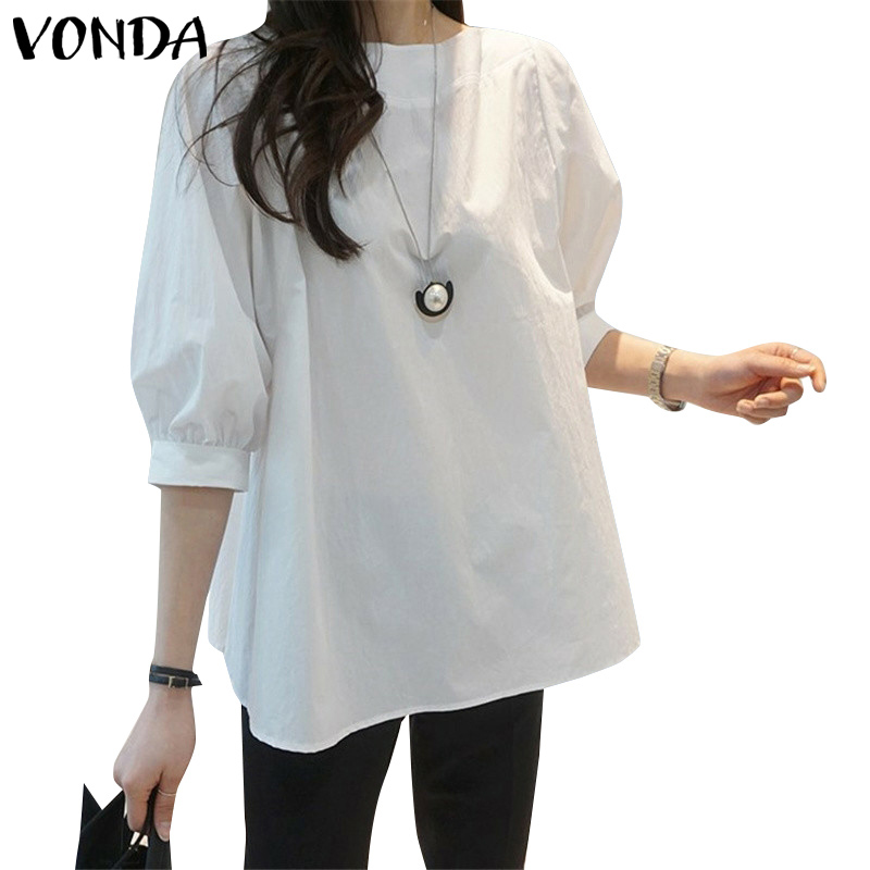 Áo Kiểu VONDA Màu Trơn Cổ Tròn Tay 3/4 Phong Cách Hàn Quốc Cho Nữ