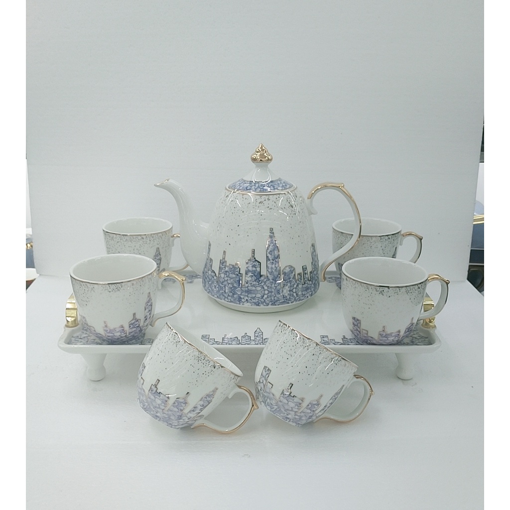 Bộ bình trà  kèm khay, ấm bầu trắng pha tím- màu trắng pha xanh dương viền vàng cao cấp