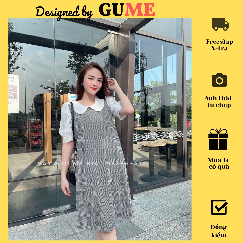 Đầm Bầu Công Sở -Váy Bầu GUME karo đen trắng chất thô cotton họa tiết cổ sen tay bồng size 40-100kg MB 264 - ảnh thật