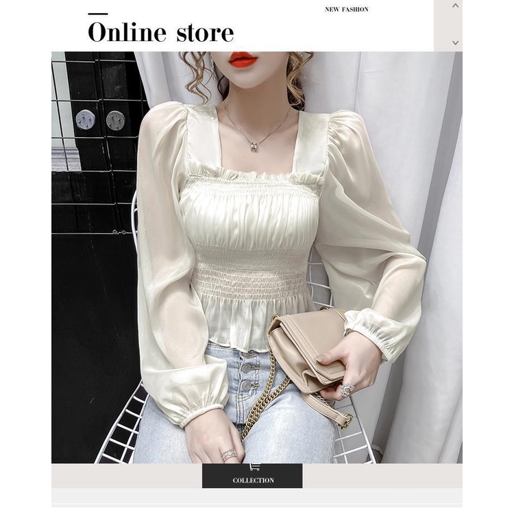 Áo Sơ Mi Trắng Tay Dài Cổ Vuông Dáng Ngắn Chất Liệu Chiffon Thời Trang Mùa Thu Phong Cách Hàn Quốc Cho Nữ 0304