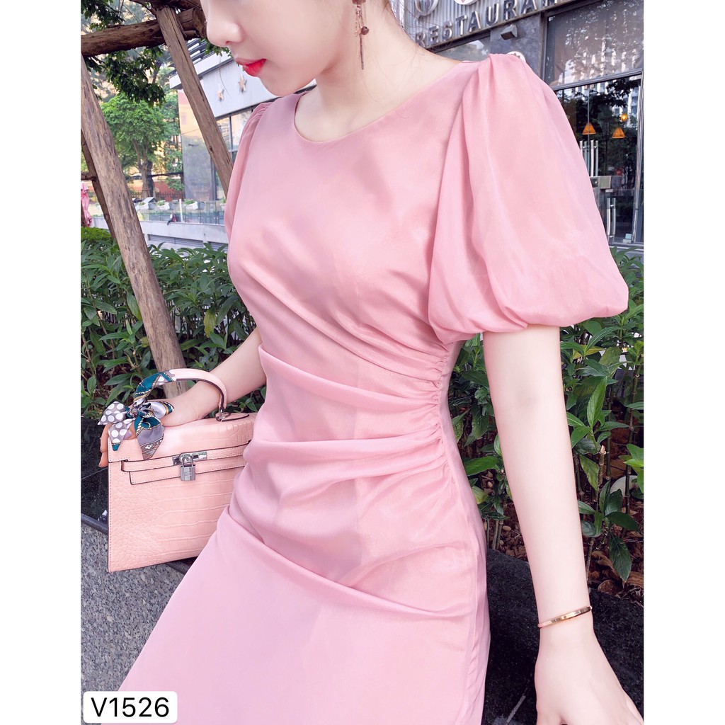 Váy hồng tay bồng nhún eo V1526 - Đẹp Shop DVC (Kèm ảnh thật trải sàn do shop tự chụp) | BigBuy360 - bigbuy360.vn
