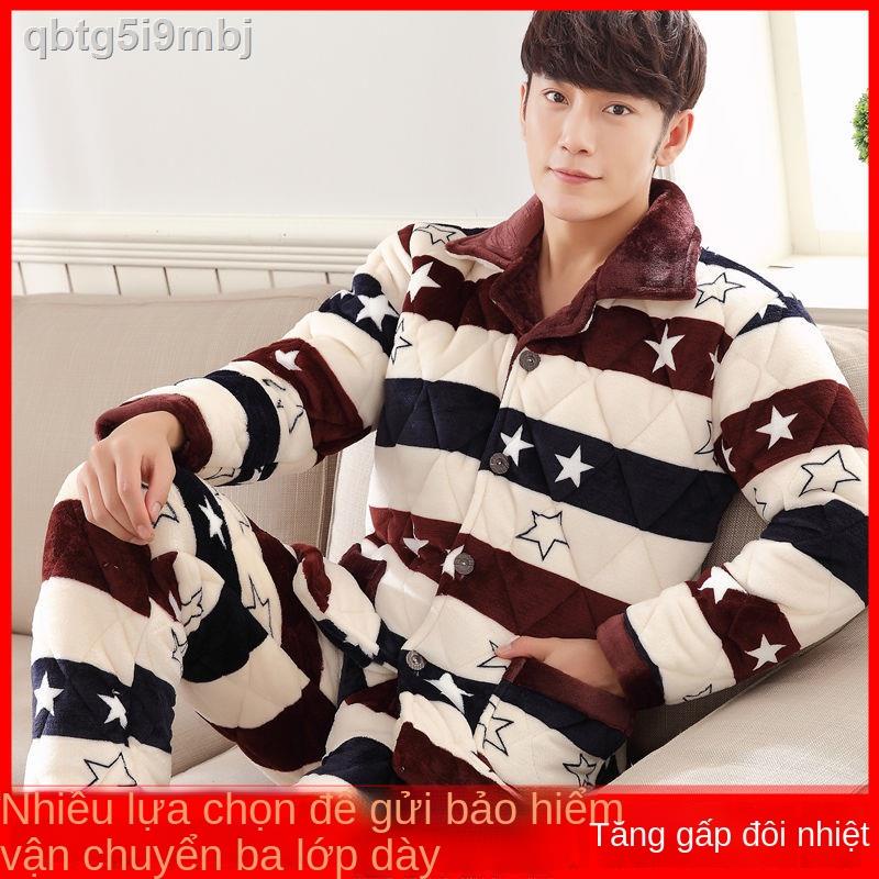 Bộ quần áo dịch vụ tại nhà dày ba lớp dặn của nam giới vải nỉ chống gió và lạnh pyjama trẻ trung niên giản dị